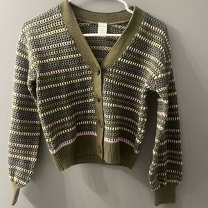 Olive and Lavender Striped Button-Up Cardigan